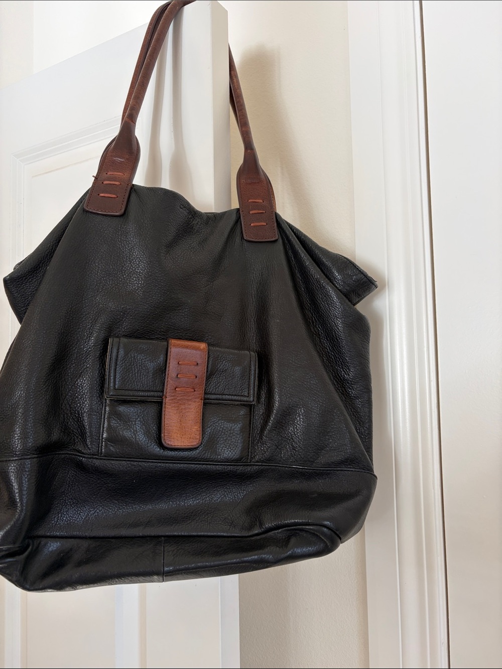 Cynthia Rowley Black Leather Tote with Brown Trim